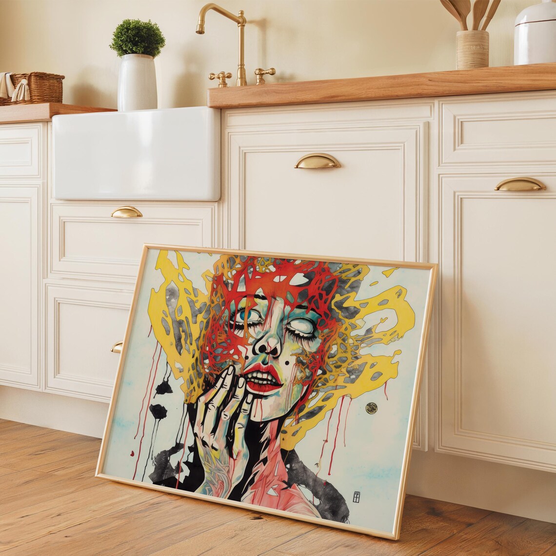 Surreal Melting Face Portrait Red Yellow Abstract Emotional Art Poster - Image 2