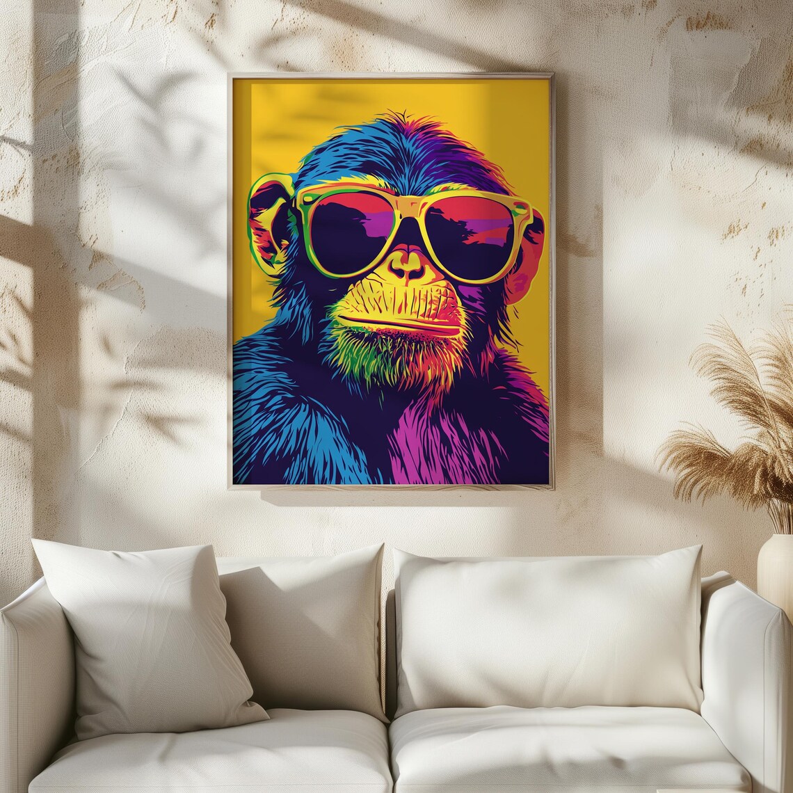 Vibrant Pop Art Monkey Neon Rainbow Fur Cool Sunglasses Yellow Wall Art - Image 2