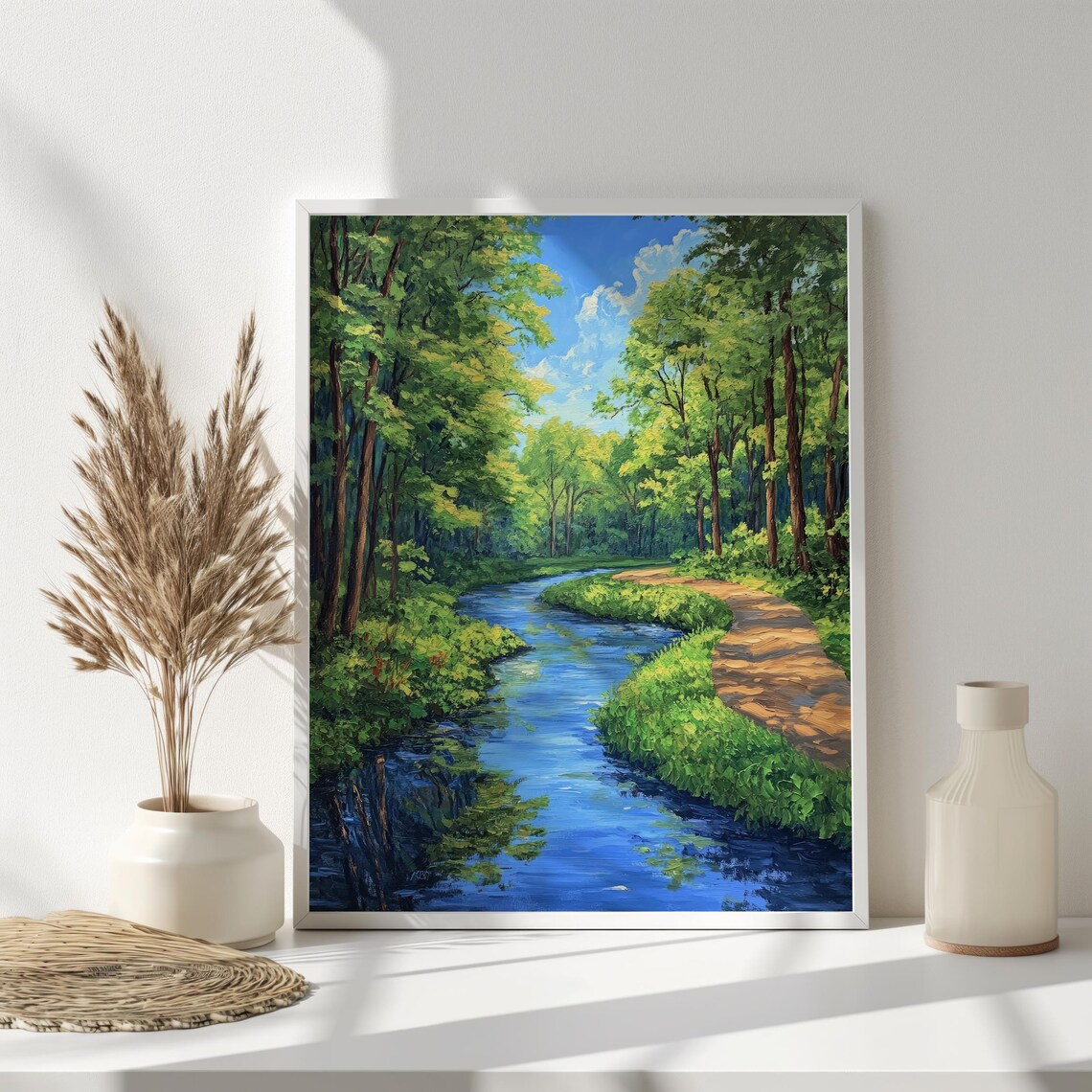Serene Forest Stream Art Tranquil Nature Path With Lush Green Trees Peaceful Summer Landscape Wall Art Lush Forest