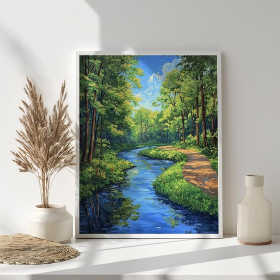 Serene Forest Stream Art Tranquil Nature Path With Lush Green Trees Peaceful Summer Landscape Wall Art Lush Forest