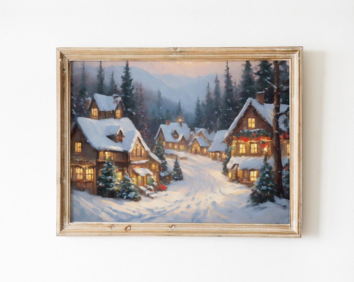 Snowy Christmas Village Glowing Cottages Vintage Winter Poster