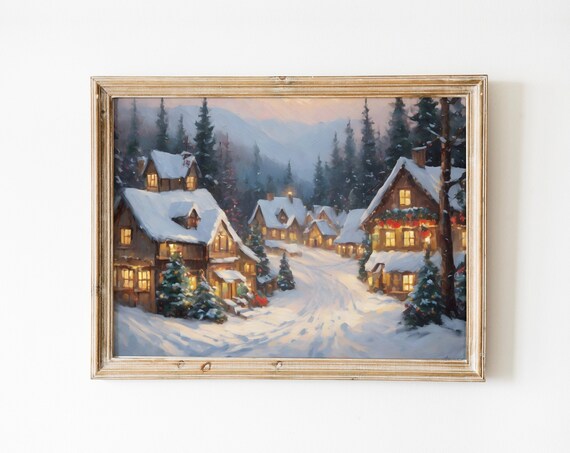 Snowy Christmas Village Glowing Cottages Vintage Winter Poster