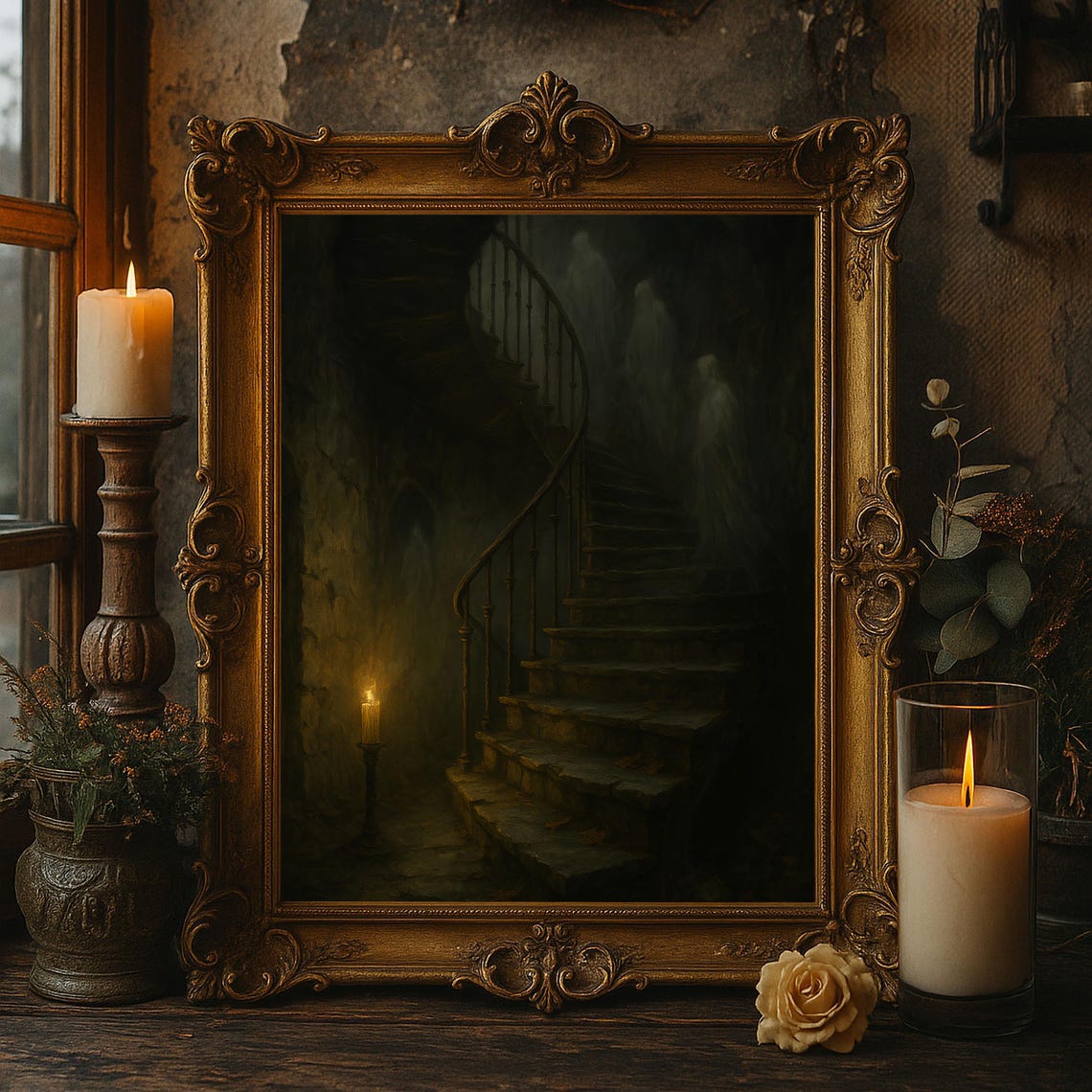 Haunted Staircase Ghosts Gothic Halloween Wall Art Creepy House