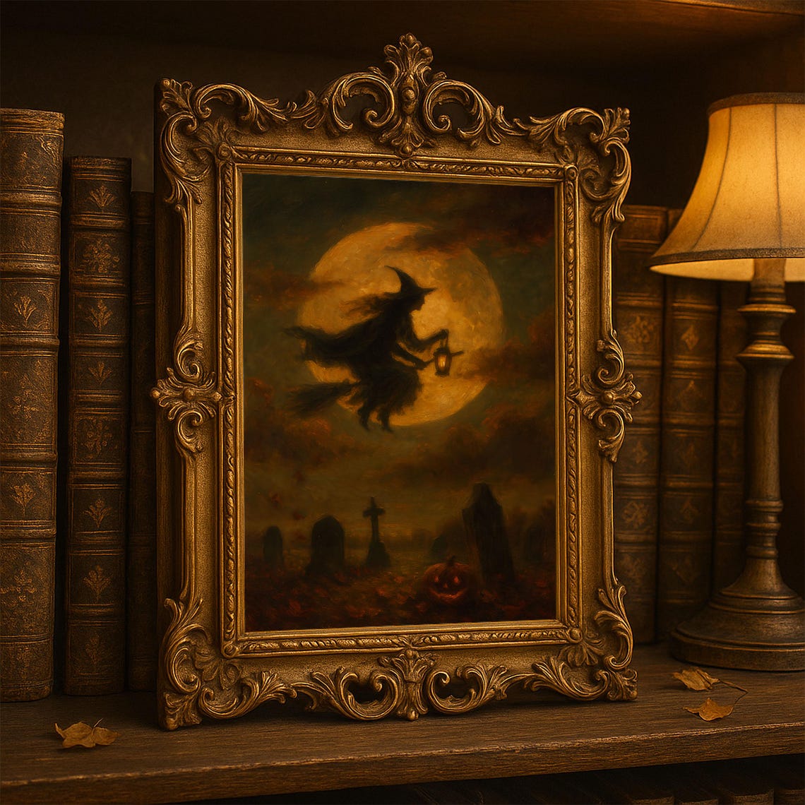 Halloween Witch Wall Art Spooky Graveyard Decor Vintage Oil Painting Full Moon Flying Print Gothic Artwork