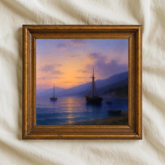 Sunset Sailboats Purple Gold Ocean Bay Vintage Painting Poster