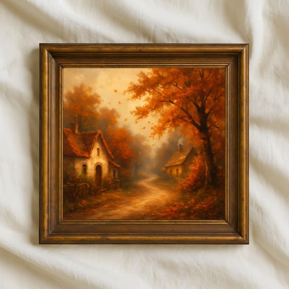 Rustic Autumn Cottages Wall Decor Cozy Fall Landscape Art Print Countryside Artwork Warm Home