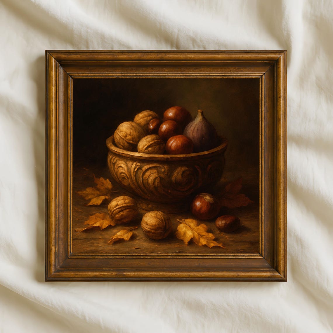 Rustic Autumn Nut Bowl Harvest Still Life Oil Painting Poster