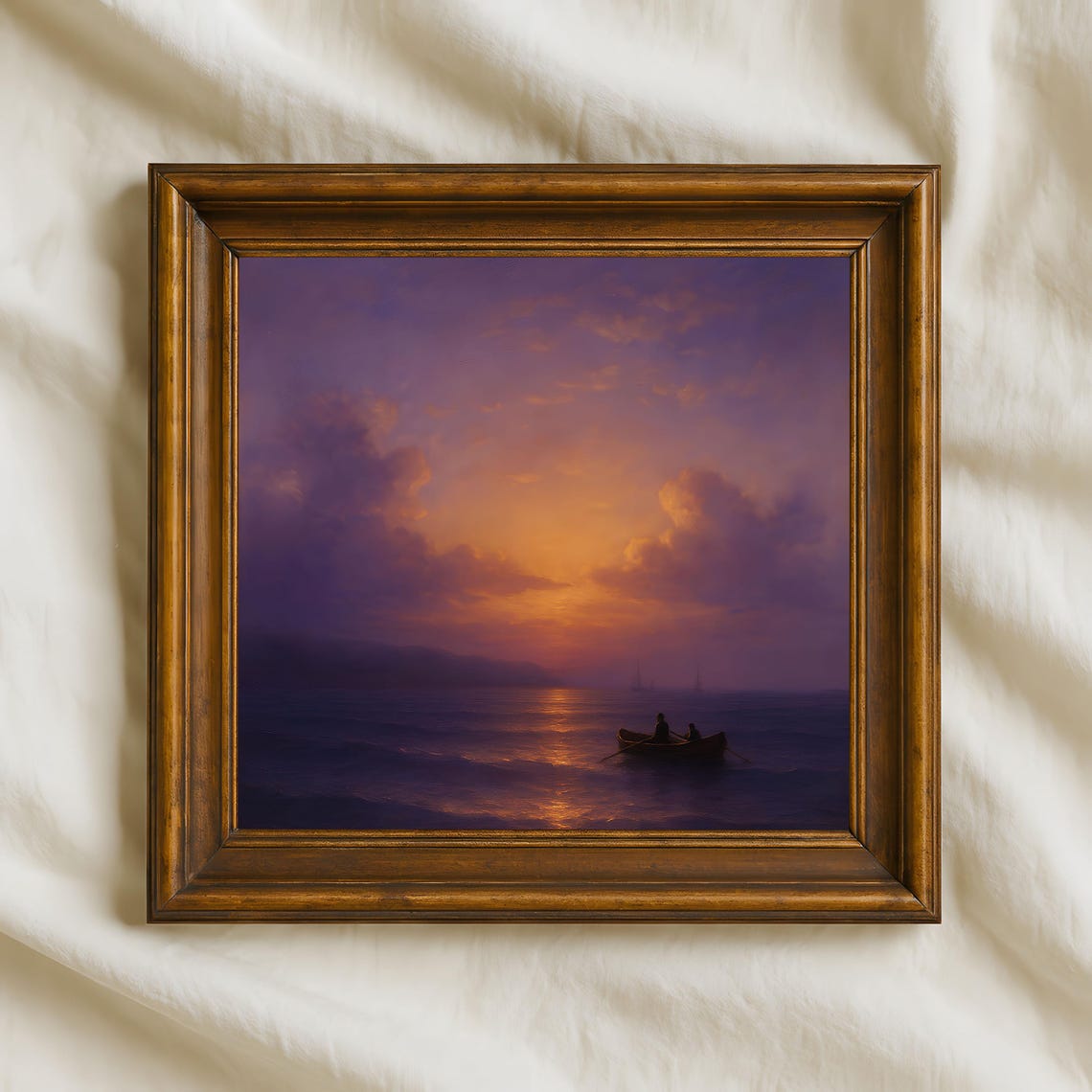 Romantic Purple Ocean Dreamy Sunset Rowboat Seascape Wall Art