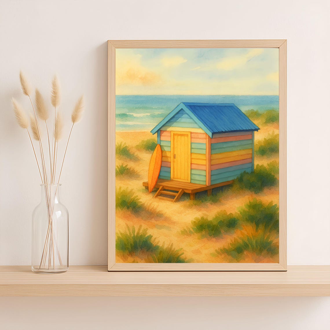 Australian Beach Hut Surfboard Golden Sunset Watercolor Print