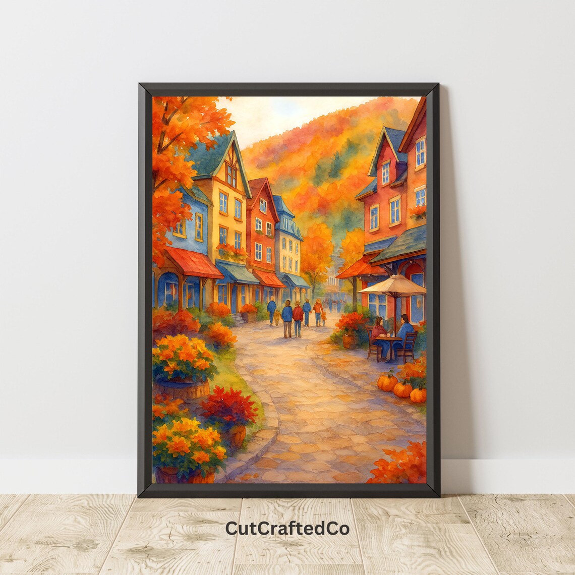 Autumn Village Old Town Street Fall Foliage Watercolor Poster