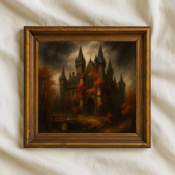 Gothic Castle Oil Painting Dark Academia Autumn Wall Art Haunted Mansion Spooky Decor Vintage Style Artwork