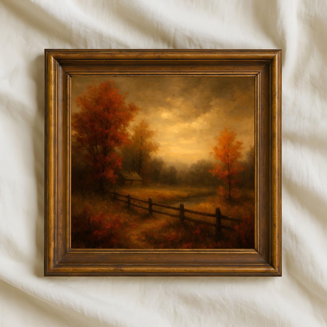 Rustic Autumn Landscape Cozy Fall Cabin Wall Art Golden Trees Country Scene For Seasonal Home Decor