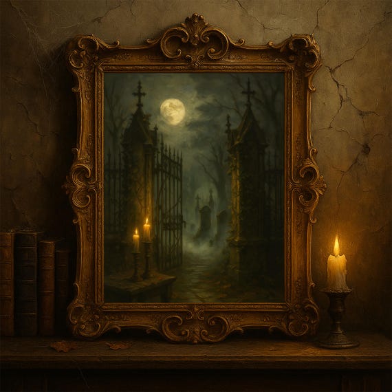 Haunted Graveyard Gate Gothic Moonlit Cemetery Oil Painting Spooky Halloween Wall Art