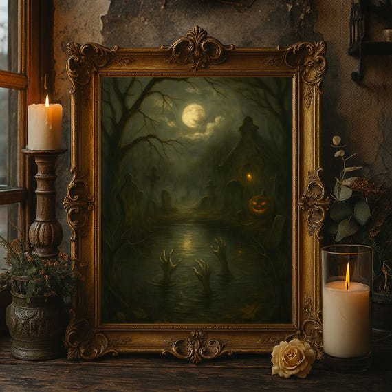 Haunted Graveyard Zombie Hands Wall Art Gothic Halloween Creepy Pumpkin Crypt Spooky Horror Dcor Print