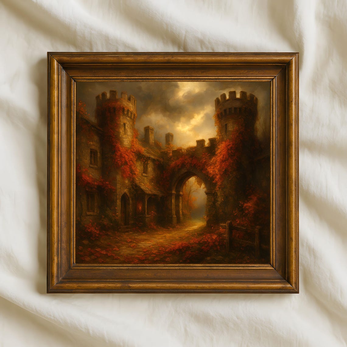 Autumn Castle Medieval Gate Red Ivy Rustic Fall Oil Painting Poster