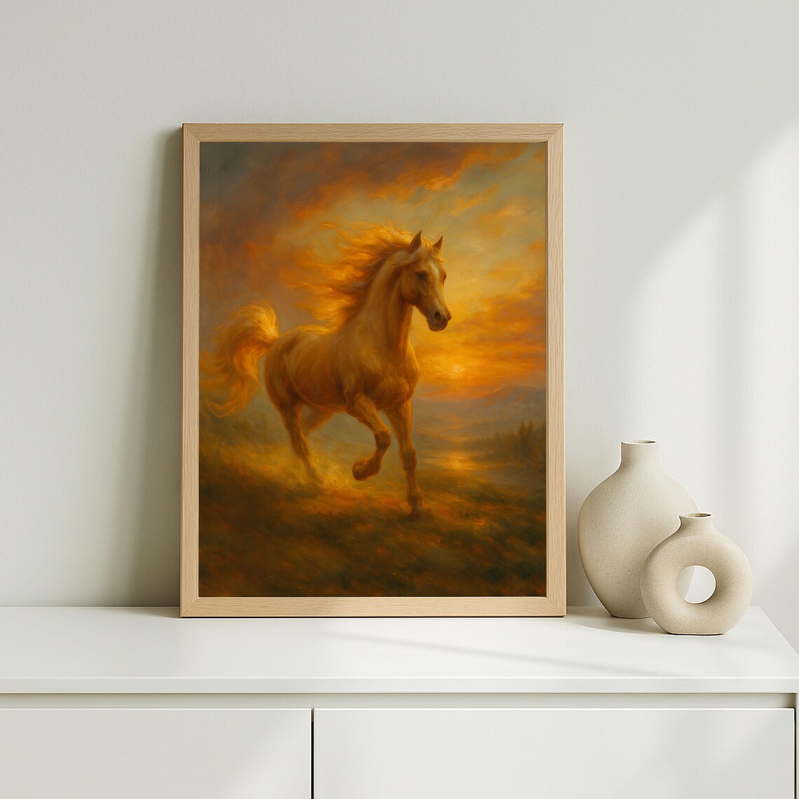Golden Palomino Horse Running at Fiery Sunset Oil Painting Poster