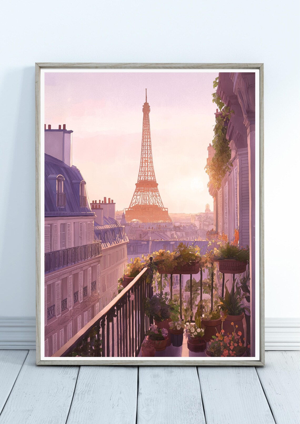 Paris Balcony Plants Eiffel Tower Pink Sunset Romantic Watercolor Poster