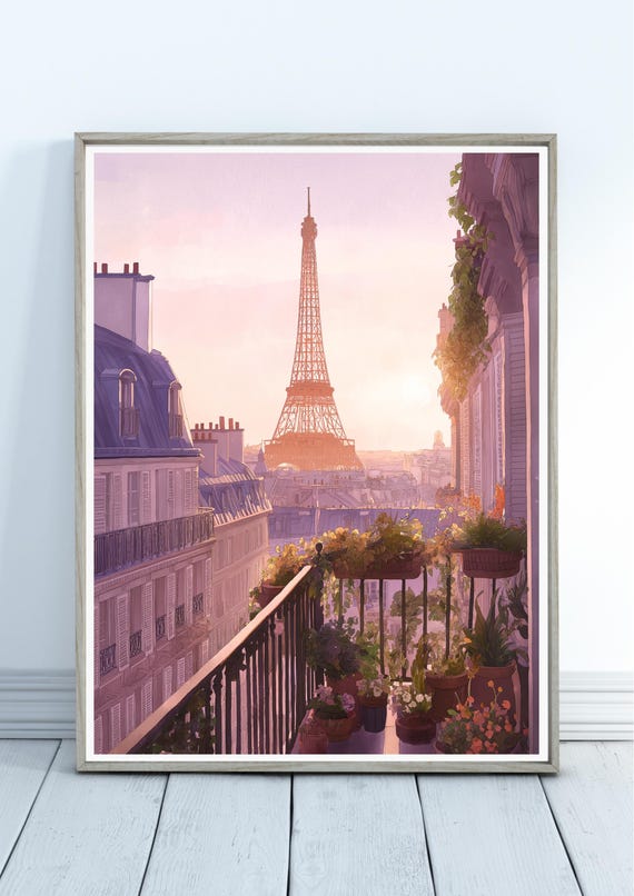 Paris Painting Eiffel Tower Balcony View Watercolor Art Print France Cityscape Sunset Evening Wall Decor Large Travel Poster