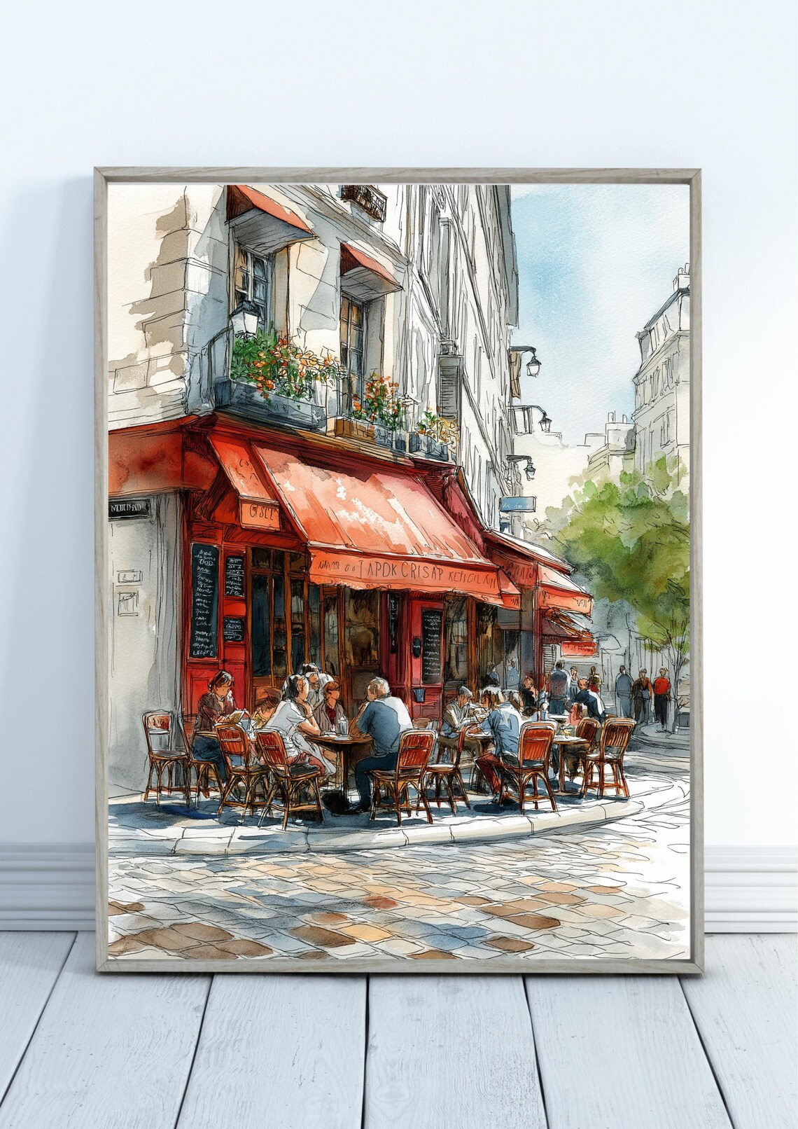 French Cafe Watercolor Paris Cityscape Art Print