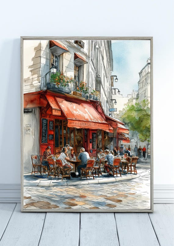 French Cafe Watercolor Paris Cityscape Art Print