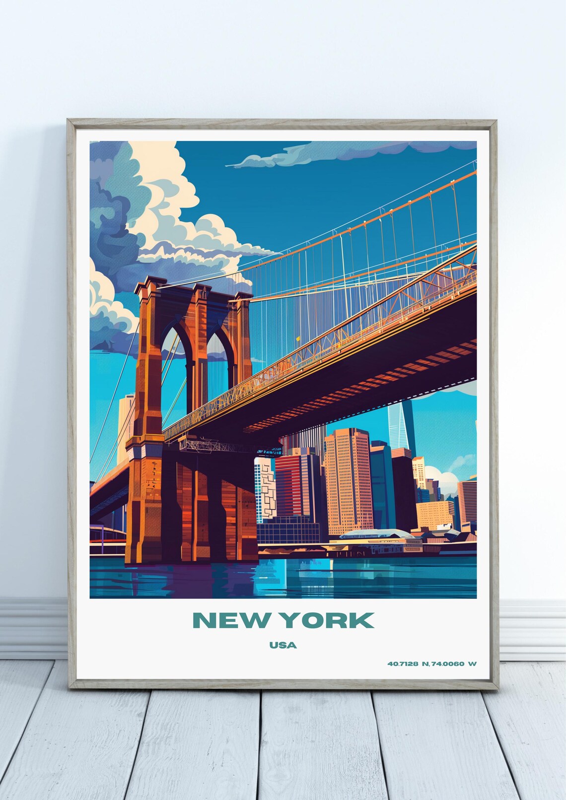 Brooklyn Bridge New York Poster with Tower Arch and Manhattan Skyline