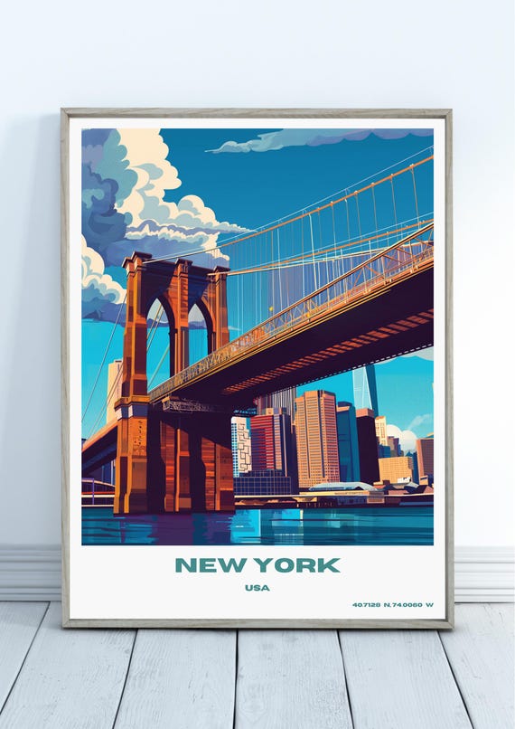 New York City Poster Brooklyn Bridge Wall Art Nyc Skyline Print Modern Travel Decor Urban Architecture Illustration Usa