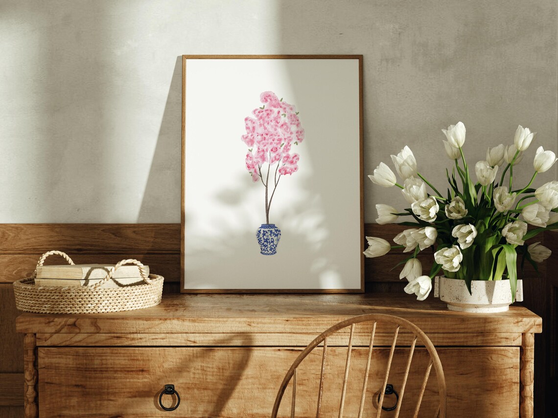Watercolor Cherry Blossom Tree In Ginger Jar, Grandmillennial Decor - Image 2