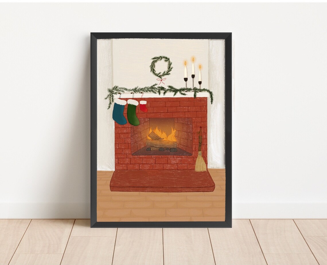 Cozy Brick Fireplace Christmas Stockings Holiday Mantel Poster