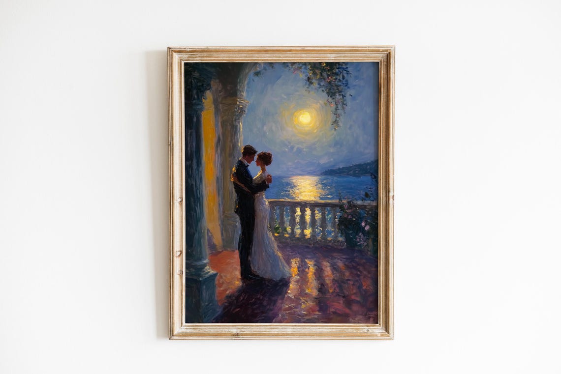 Romantic Moonlit Couple Dancing Veranda Seascape Oil Art Print