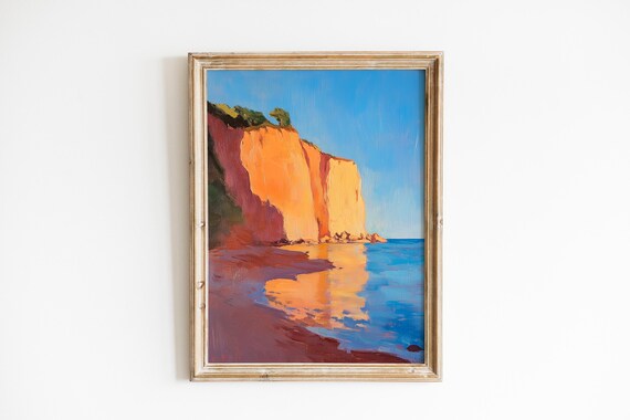 Crimson Coastal Cliff Sunset Oil Painting Red Rock Seascape Wall Art