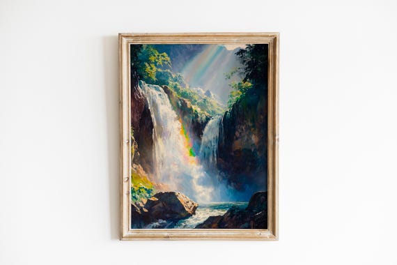 Dramatic Waterfalls Amidst Lush Jungle Cliffs Moody Tropical Landscape Exotic Painterly Art Wall Decor 929