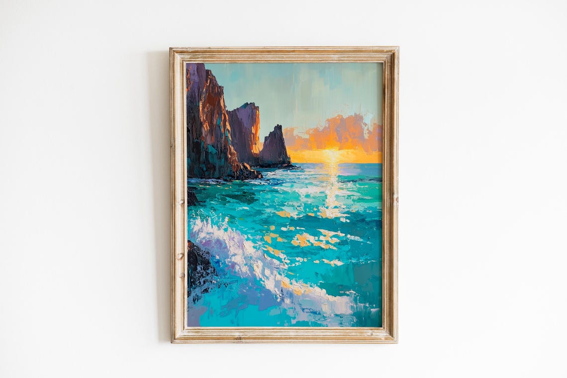 Golden Hour Turquoise Waves Sunlit Ocean Cliffs Seascape Poster