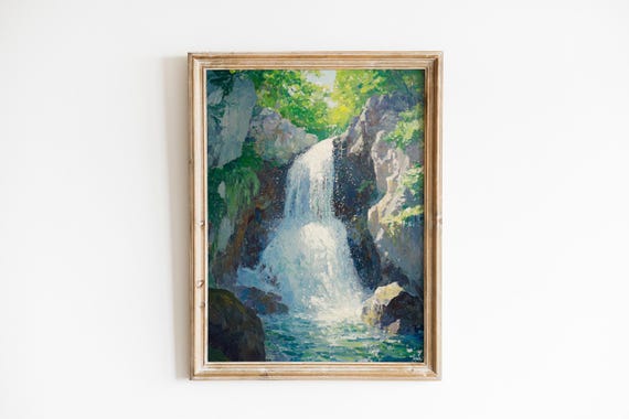 Moody Waterfall In Emerald Cliffs Tranquil Nature Landscape Art Lush Ledges Mossy Rocks Expressive Painting 442