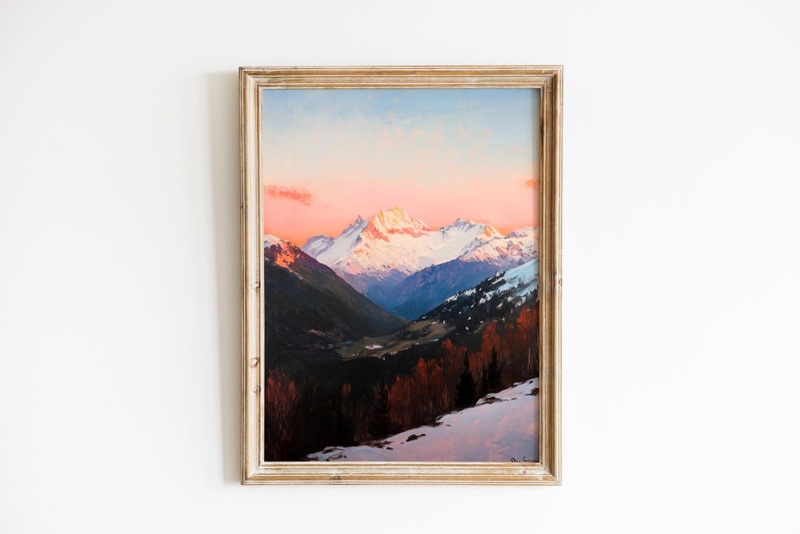 Snowy Mountain Peaks at Dawn Pink Alpenglow Art Poster Scenic