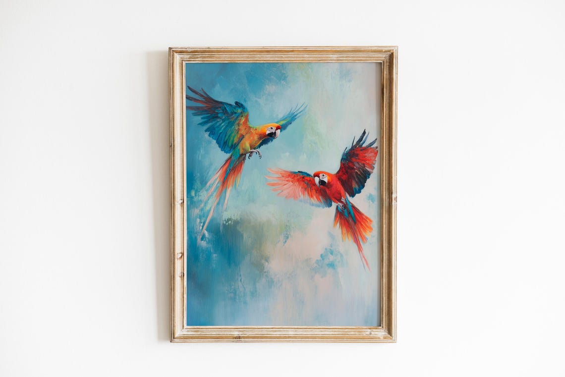 Vibrant Macaws In Flight Colorful Tropical Parrots Sunrise Sky Poster