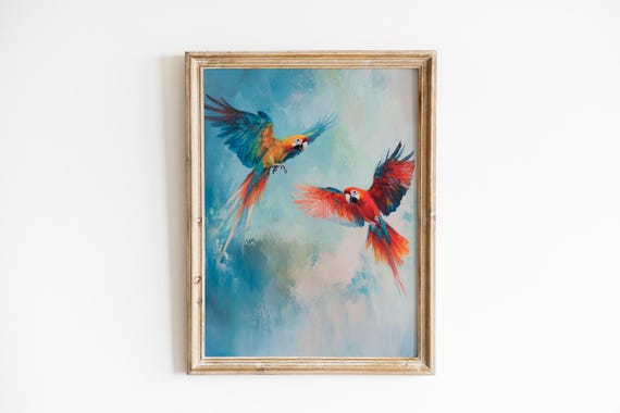 Vibrant Parrots In Flight Tropical Moody Scene Serene Sunrise Mist Colorful Birds Painterly Landscape Wall Art 728