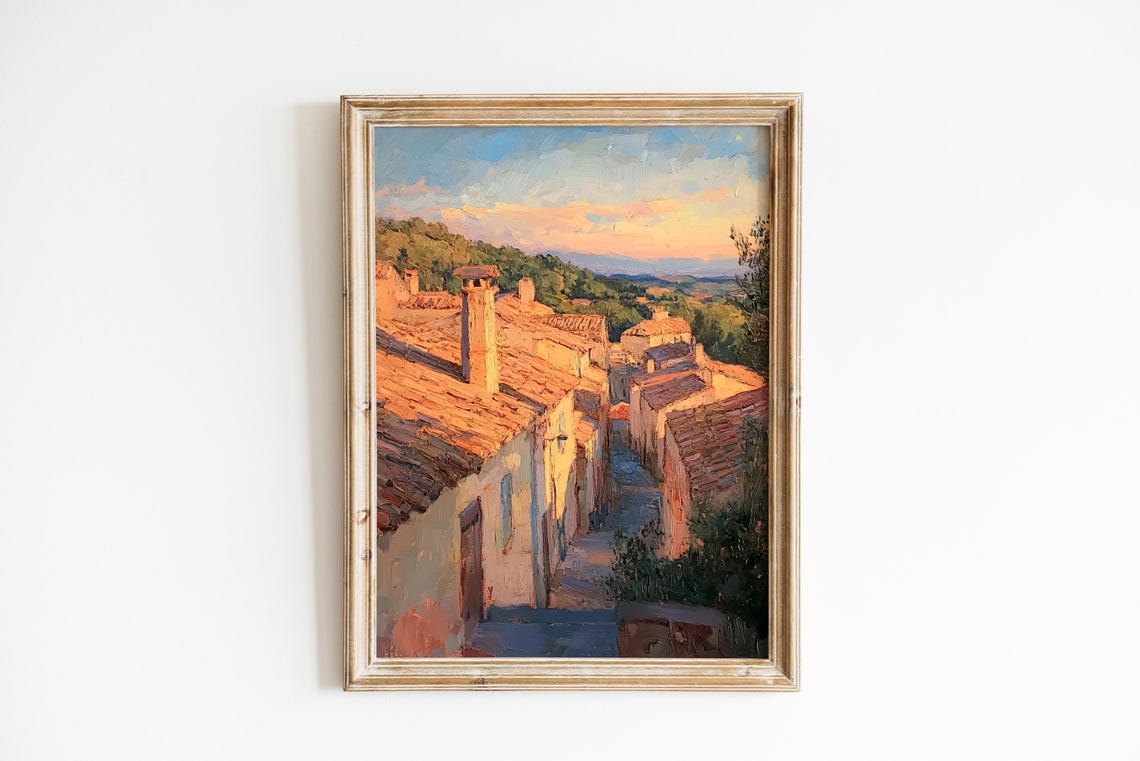 Rustic Village Dawn Print Sunlit Terracotta Rooftops Morning Lane Art