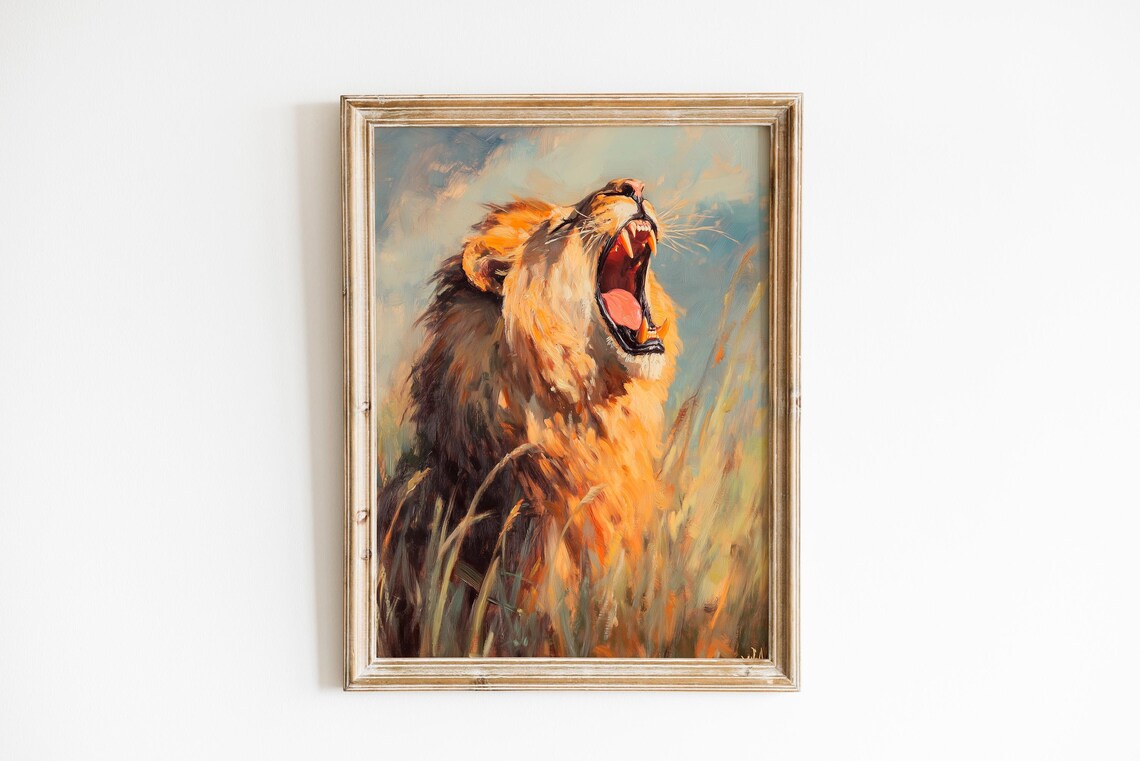 Majestic Lion Roaring Grassland Vintage Style Wildlife Art Poster