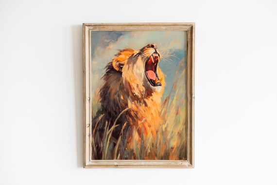 Majestic Lion Roaring In Twilight Grassland Vintageinspired Wildlife Art Dramatic Safari Wall 333