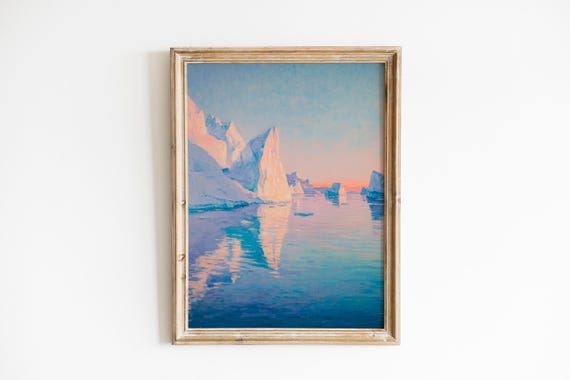Moody Arctic Iceberg Seascape Polar Sunrise Landscape Art Serene Dawn Waters Minimal Pastel Wall Decor 376