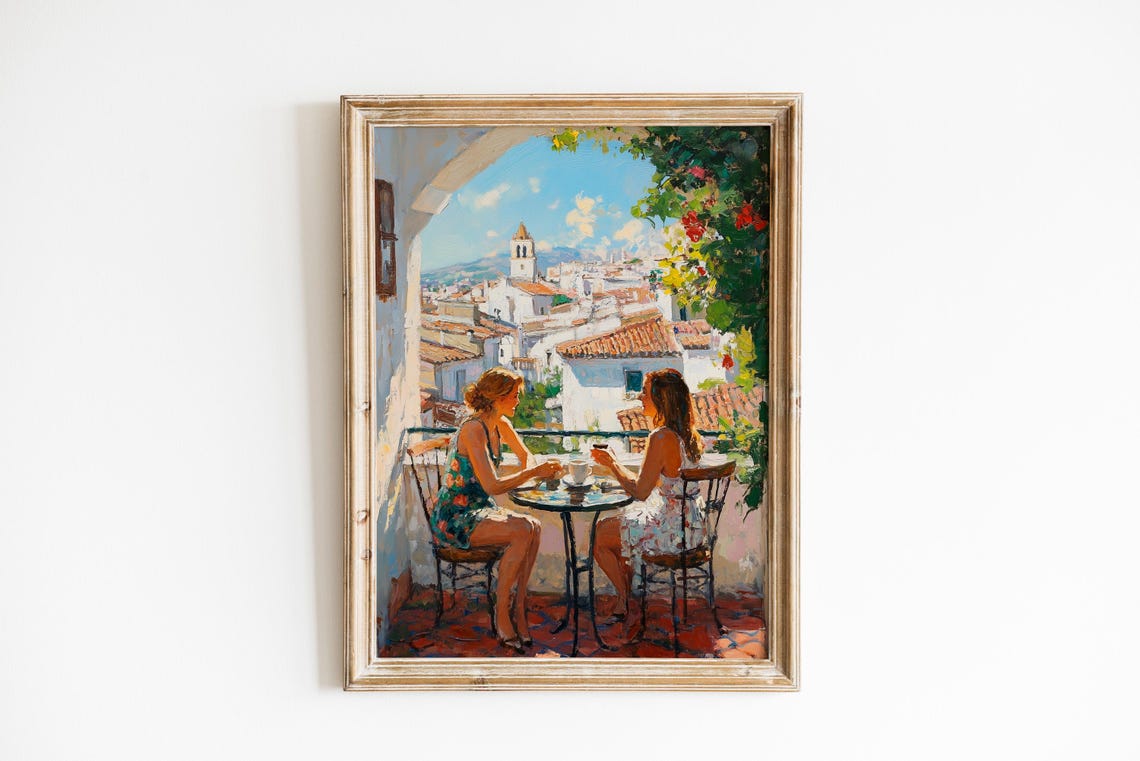 Seaside Balcony Coffee Friends Sunny Coastal Town Painting Print