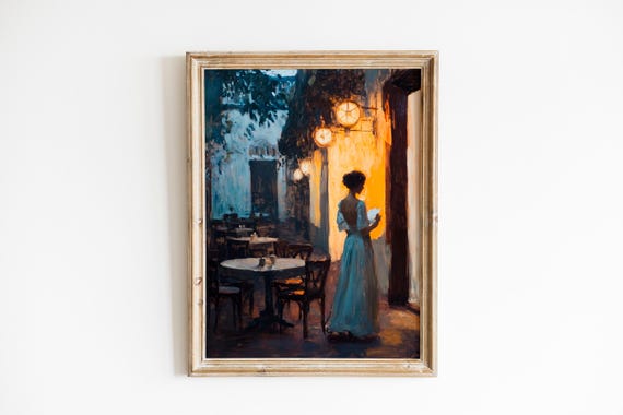 Moody Courtyard Evening Vintage Painting Of Solitary Woman Warm Lanterns Cozy Bistro Muted Domestic Scene Art 461
