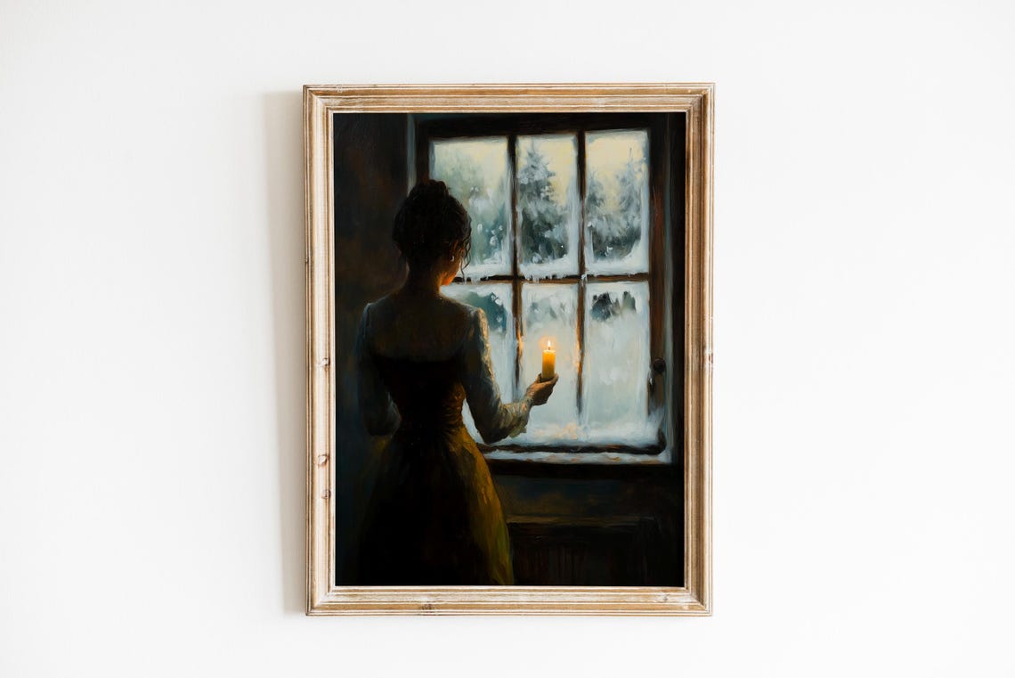 Woman with Candle at Frosted Winter Window Cozy Vintage Poster