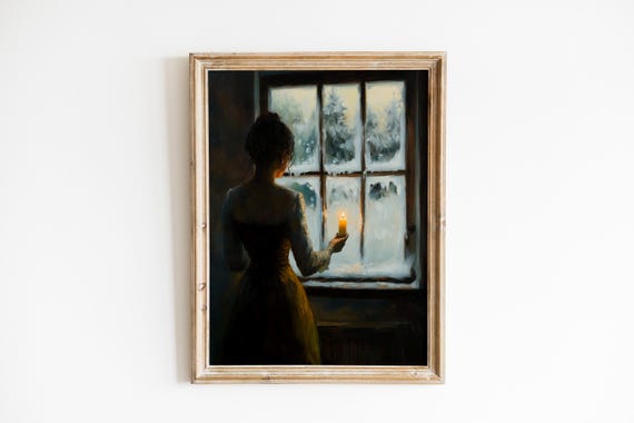 Moody Woman Lighting Candles At Frosted Window Vintage Winter Art Cozy Intimate Decor Painterly 480