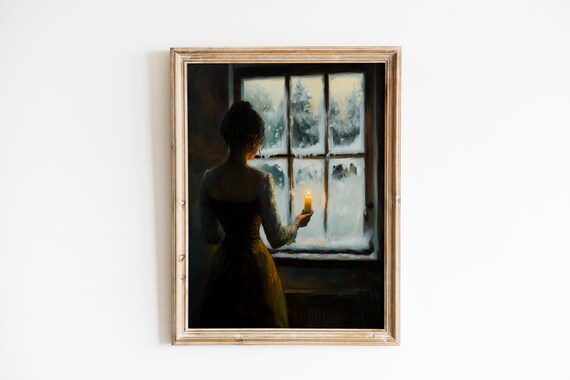 Woman with Candle at Frosted Winter Window Cozy Vintage Poster