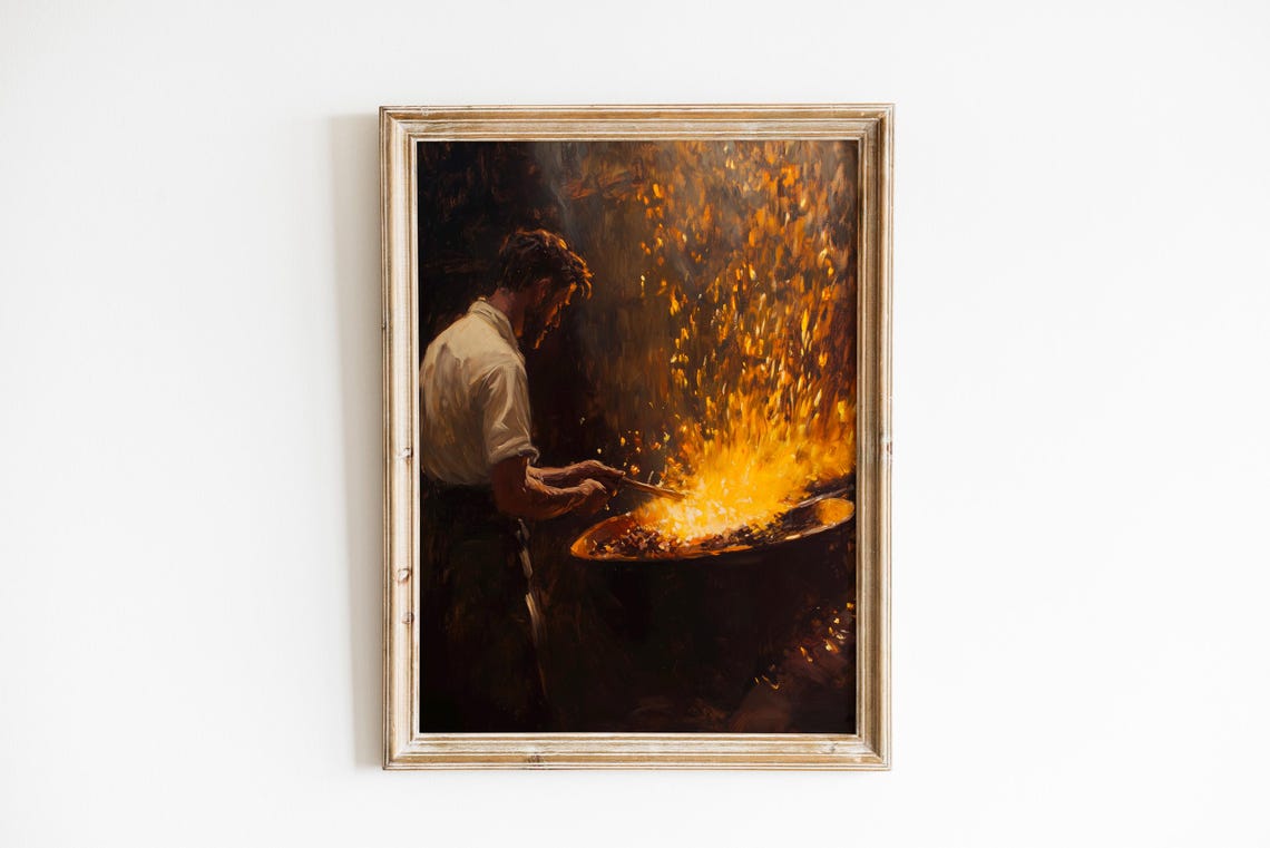 Blacksmith Working the Bold Fiery Forge Sparks Painting Wall Art
