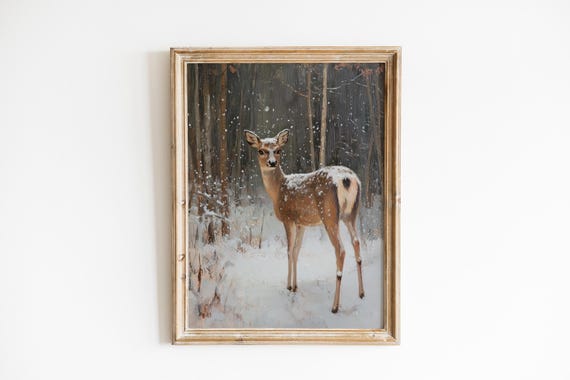 Lone Deer In Snowfall Moody Winter Forest Scene Art Rustic Nature Painting Serene Wildlife Neutral Wall Decor 1134