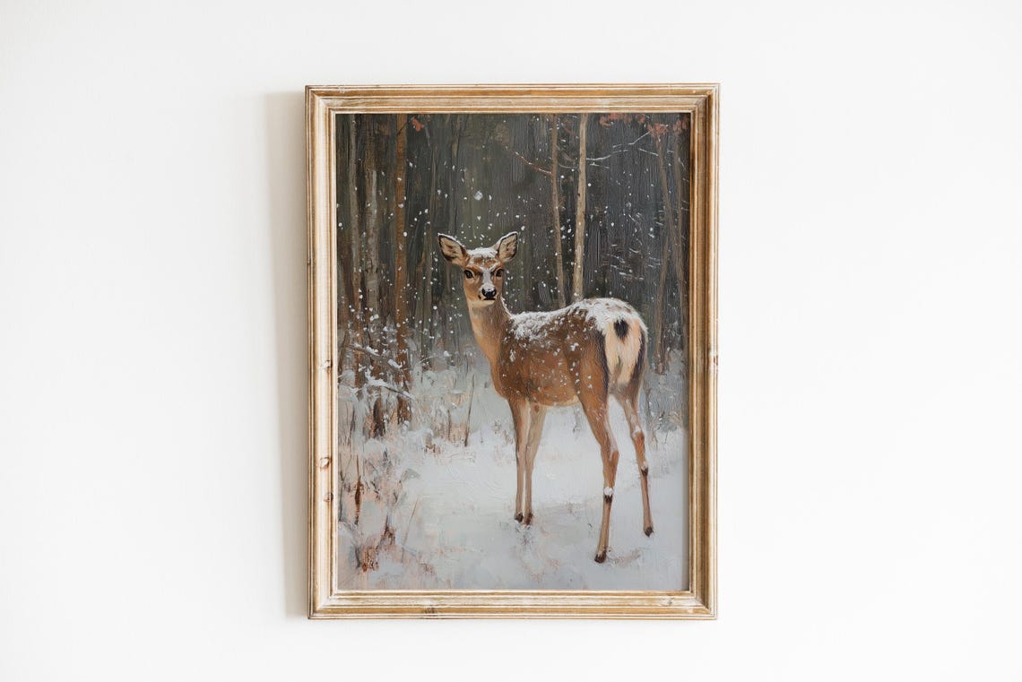 Lone Deer in Snowfall Winter Forest Vintage Wildlife Oil Poster