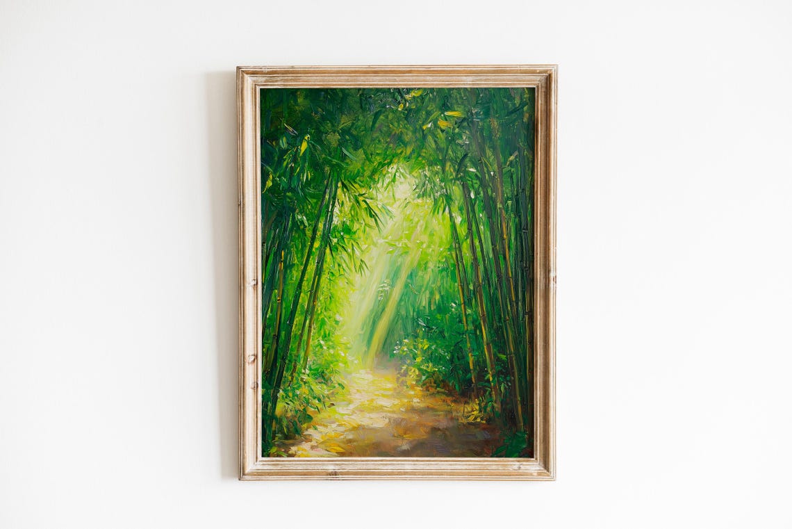 Tranquil Bamboo Forest Pathway Poster with Sunbeams and Lush Greenery