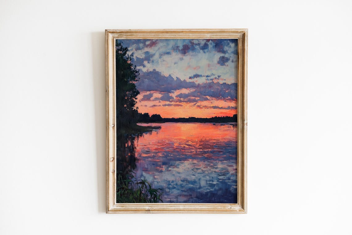 Lakeside Sunset Pink Sky Reflection Tranquil Evening Painting Poster
